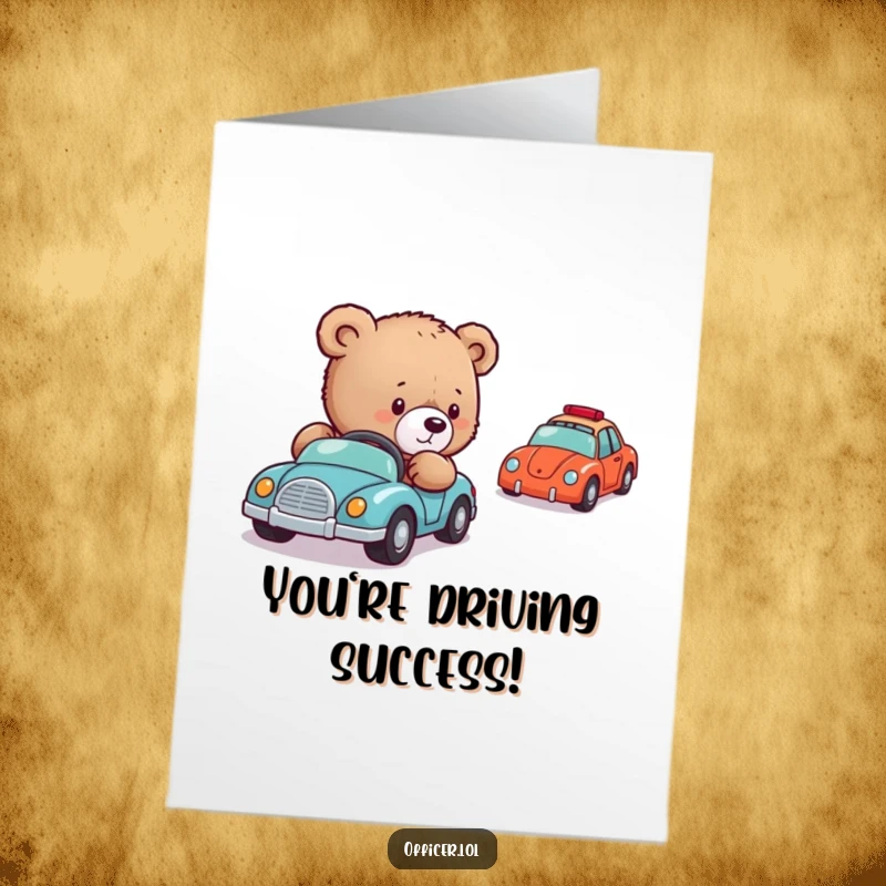 Funny free printable congratulations card showing a cute bear cub carefully guiding a procession of small toy cars, symbolizing a successful journey.