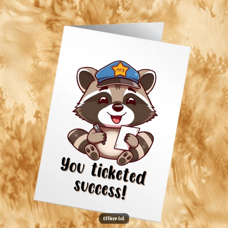 Funny Free Printable Congratulations Card featuring a raccoon officer smiling while writing a ticket, celebrating success with a touch of humor.