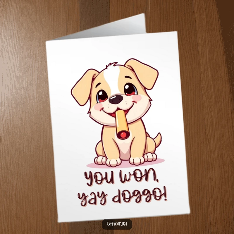 Funny Free Printable Congrats Card: An excited puppy with an infectious grin blows a whistle, celebrating a wonderful achievement with gusto.