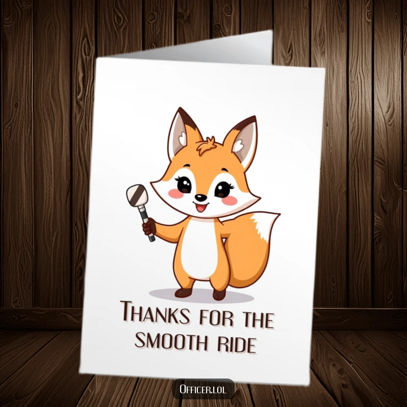 Funny Free Printable Fox Thank You Card, playful fox directing traffic, striped baton, smiling, expressing gratitude, downloadable.