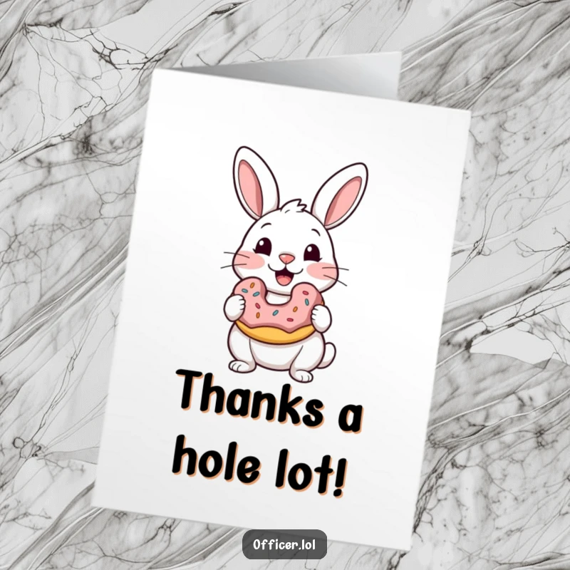 Funny free printable thank you card: a rabbit holds a donut with eyes closed in blissful satisfaction, a sweet gesture of thanks.