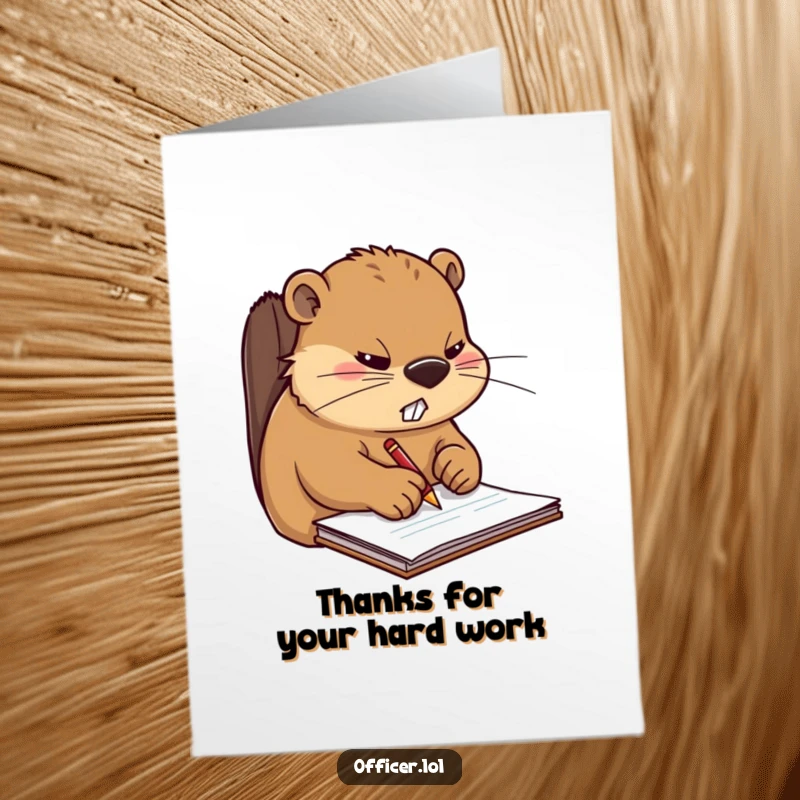 Funny Free Printable Thank You Card: Busy Beaver writing on notepad, a dedicated thank you message.
