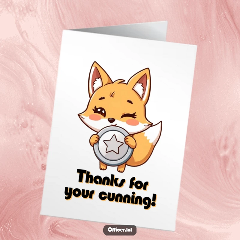 Funny Free Printable Thank You Card: Giggling fox proudly holds up a shiny badge with a thankful wink.