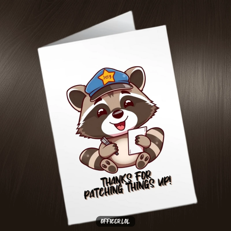 Funny Free Printable Thank You Card of a smiling raccoon officer writing a ticket, conveying thanks with a humorous, official touch.