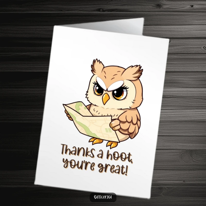 Funny Free Printable Thank You Card: An owl with a map looks ready to thank you for your help.