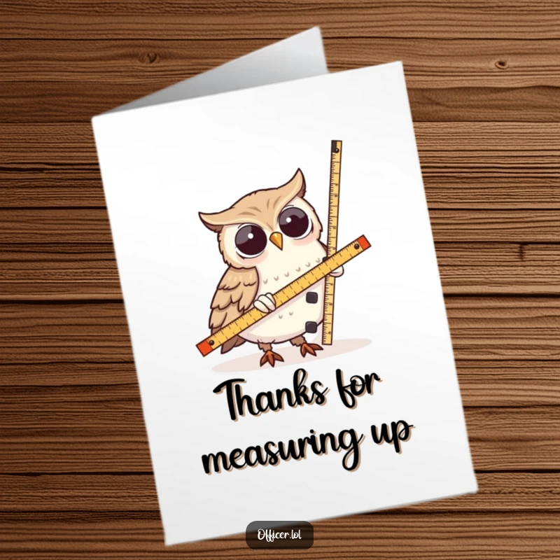 Funny Free Printable Thank You Card: A wise owl uses a ruler to measure a lopsided tower, offering a humorous and memorable way to say thanks.