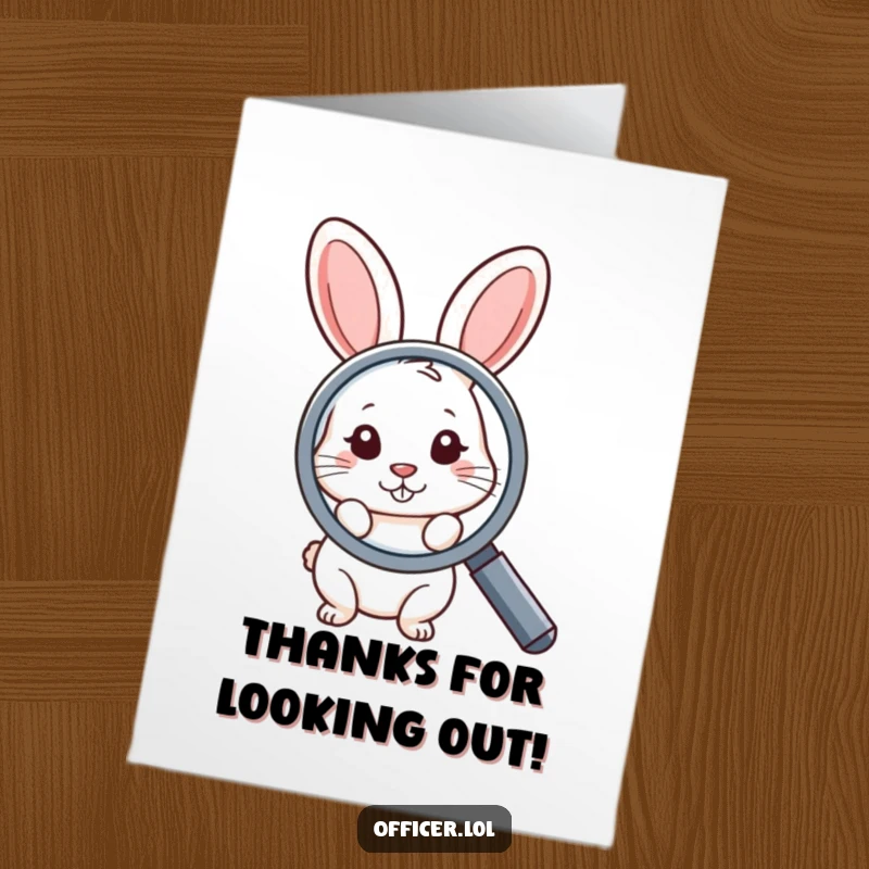 Funny Free Printable Thank You Card of a shy rabbit looking closely through a magnifying glass.