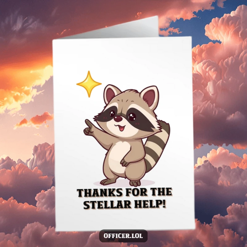 Funny Free Printable Thank You Card showing a playful raccoon pointing with excitement towards a brilliantly shining star.