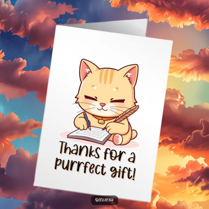 Funny Free Printable Thank You Card: A diligent cat with a friendly smile writing a ticket, expressing gratitude humorously.