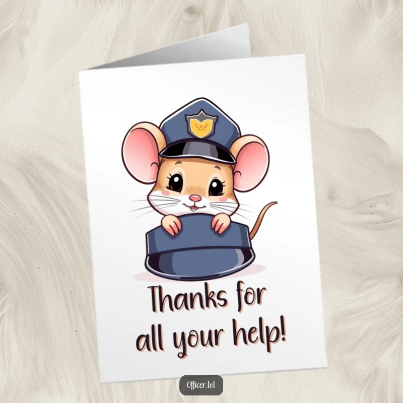 Funny Free Printable Thank You Card of a curious mouse peering from behind a police hat, conveying thanks with a subtle smile.