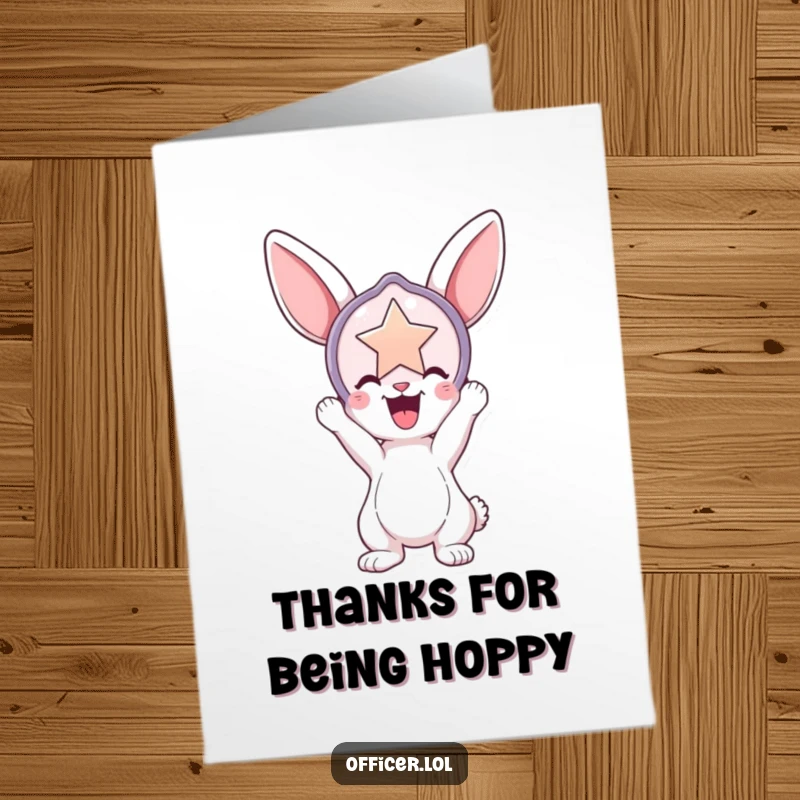 Funny Free Printable Thank You Card: A playful bunny holds a shiny badge high, symbolizing a grand thank you for their kindness.