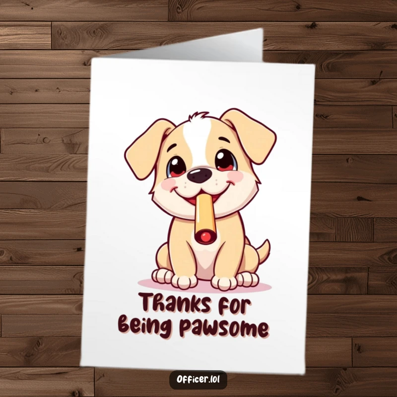 Funny Free Printable Thank You Card: A cheerful puppy with a big grin blows a whistle, conveying thanks in the most enthusiastic way possible.
