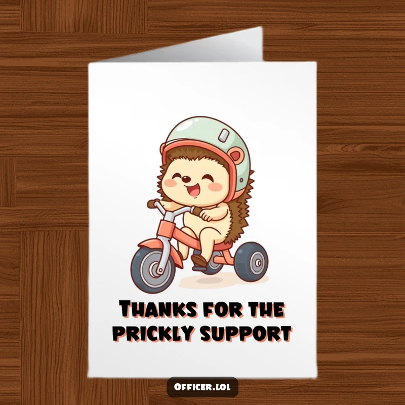 Funny Free Printable Thank You Card: Giggling hedgehog on a tricycle, delivering a cheerful thank you.