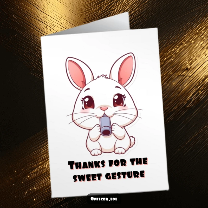 Funny Free Printable Rabbit Thank You Card, happy rabbit blowing whistle, joyful eyes, expressing thanks, downloadable.