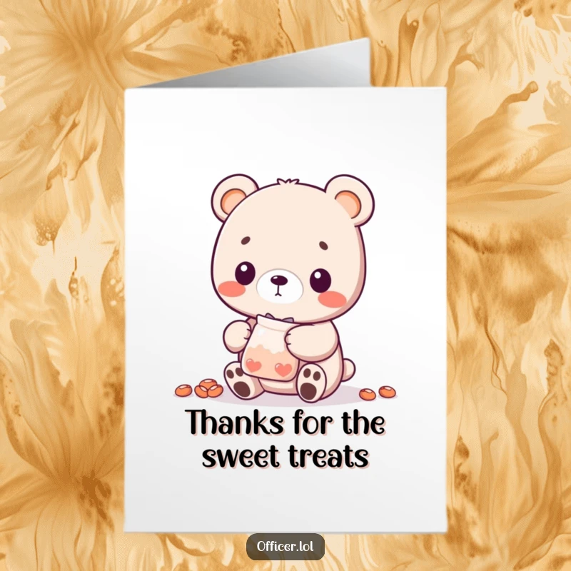 Funny Free Printable Thank You Card: A lovable bear cub offers a small bag of treats with a nod, conveying thanks in a sweet, humorous way.
