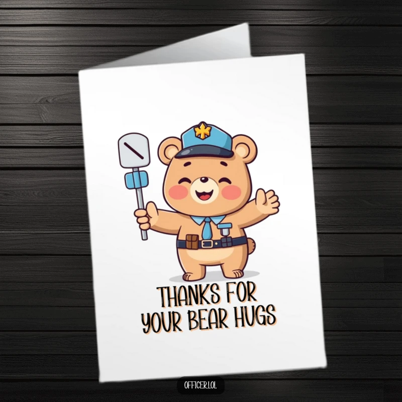 Free Printable Bear Officer Thank You Card: A smiling bear officer cheerfully directs thanks traffic with outstretched paws.