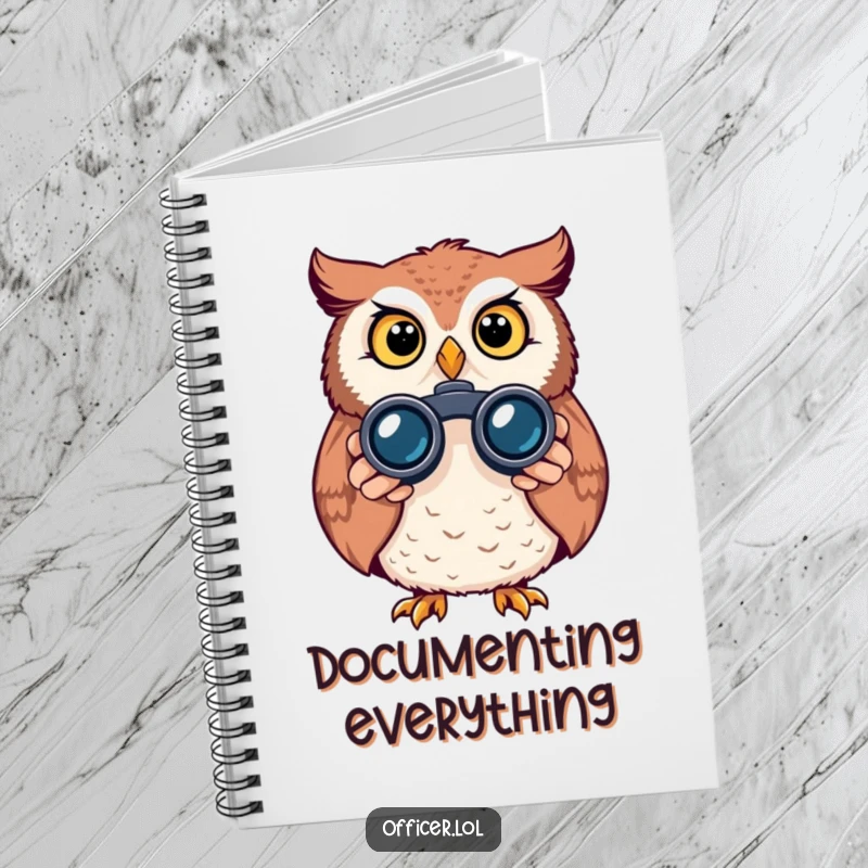 Funny owl notebook, for jotting notes with a curious owl peeking through binoculars, alert and bright-eyed design.