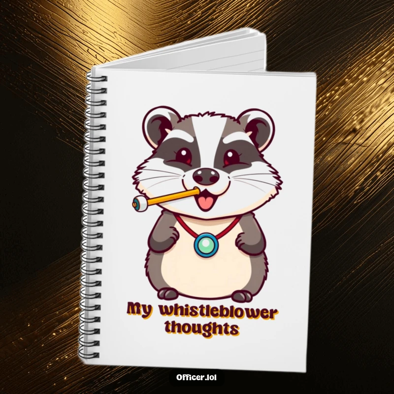 Funny notebook featuring a cheerful badger with a badge, blowing a whistle with a happy puff, ready to record.