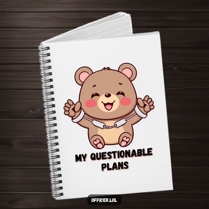 Funny notebook with a cheerful bear in tiny handcuffs, smiling and waving, ready to record adorable plans.