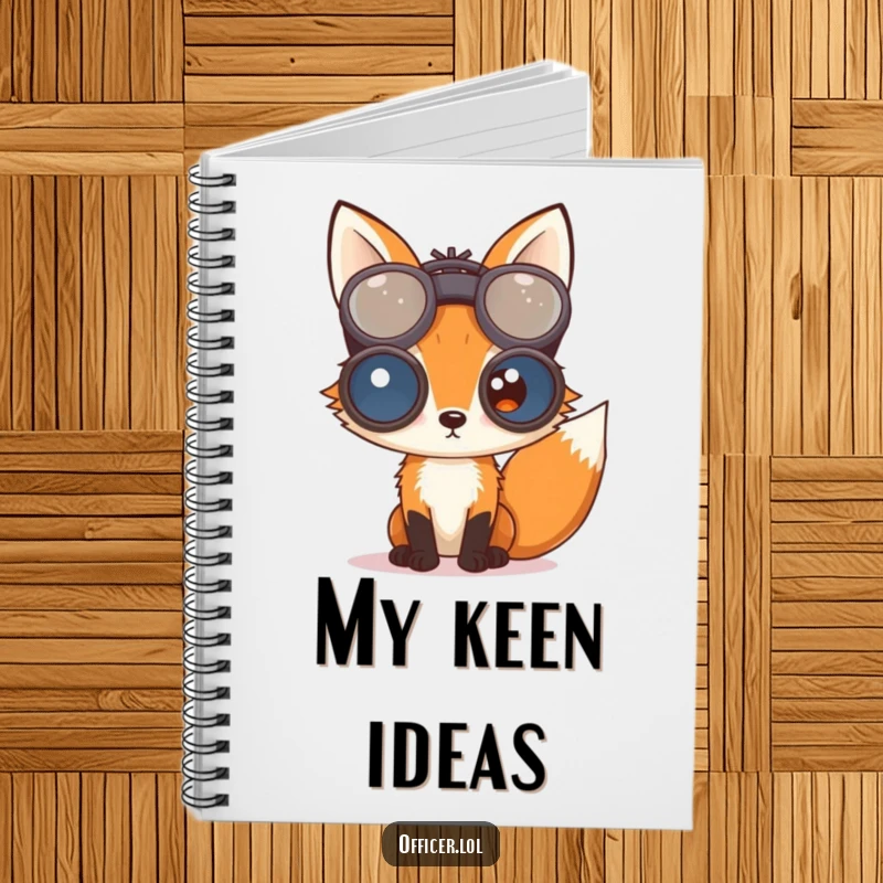 Curious fox peering through oversized binoculars, printed on a notebook for recording observations and keen insights.