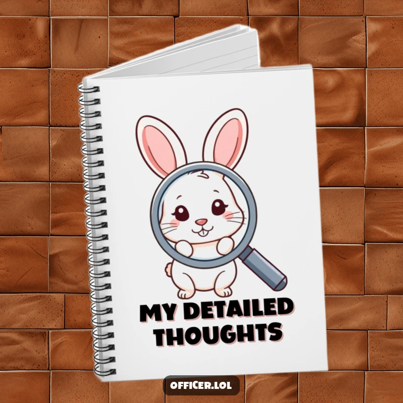 Funny notebook with a shy rabbit peeking from behind a large magnifying glass, designed for jotting down observations with humor and curiosity.