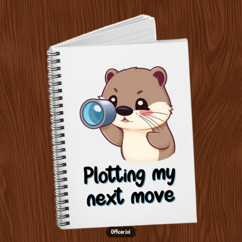 Funny notebook cover featuring a cute otter character peering through a spyglass with a focused but joyful gaze.
