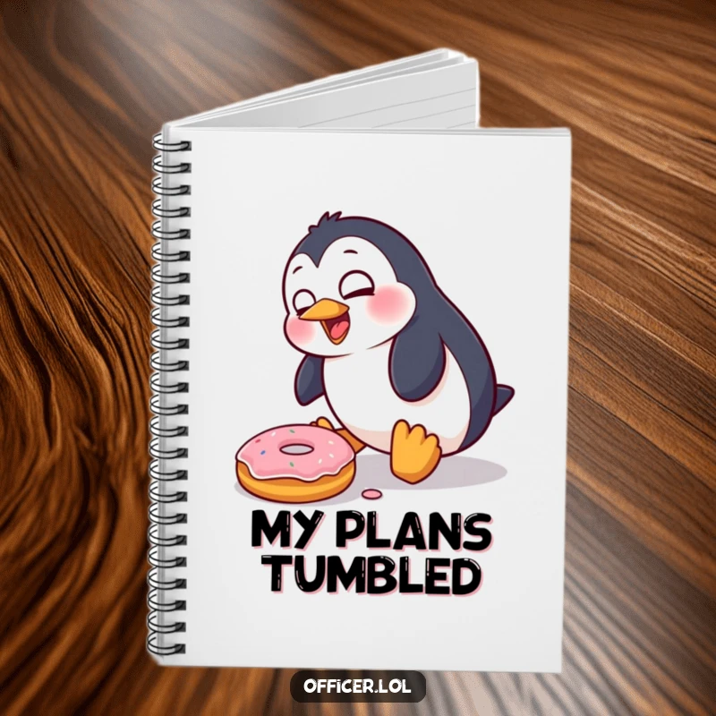 Funny Penguin Notebook: A goofy penguin character trips over a donut, perfect for taking notes on life’s clumsy and humorous moments.