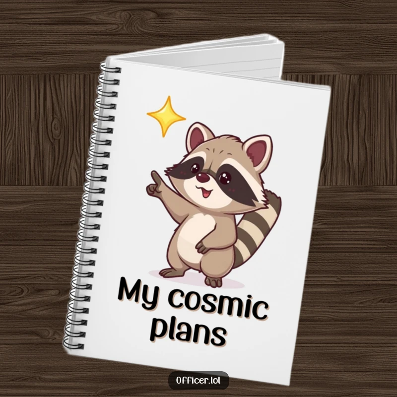 Funny notebook cover featuring a playful raccoon character excitedly pointing towards a bright, shining star.
