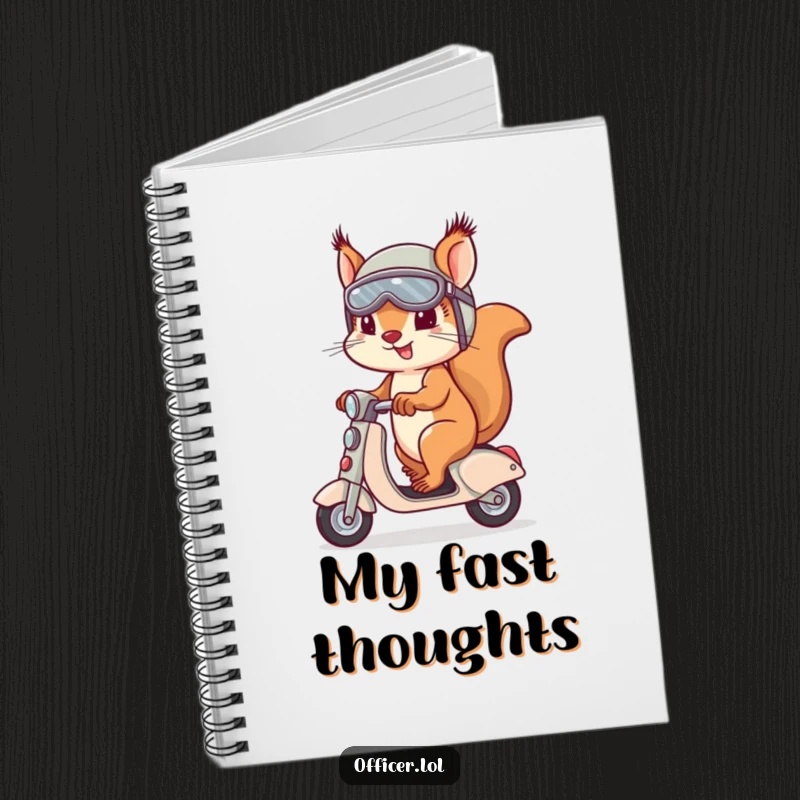 Determined squirrel in a helmet and goggles riding a tiny scooter, printed on a notebook for planning adventures.