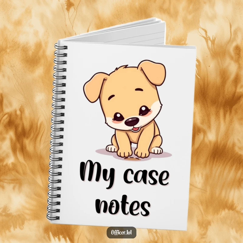 Funny Dog Notebook: A happy dog character intently inspects a small footprint, perfect for jotting down investigative thoughts and notes.