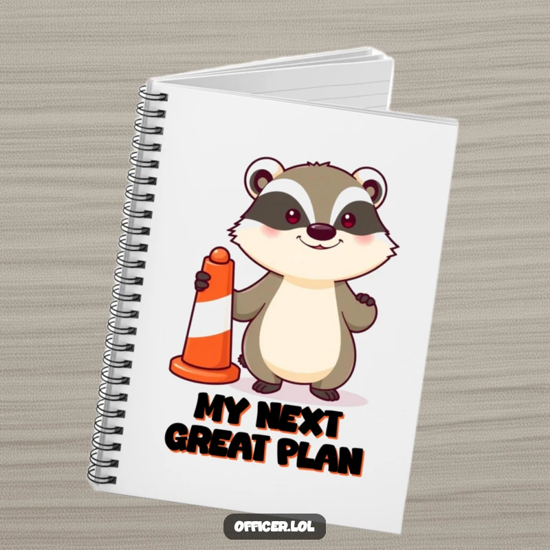 Funny notebook with a determined badger holding a striped traffic cone, designed for jotting down ideas with a humorous and proud motivation.