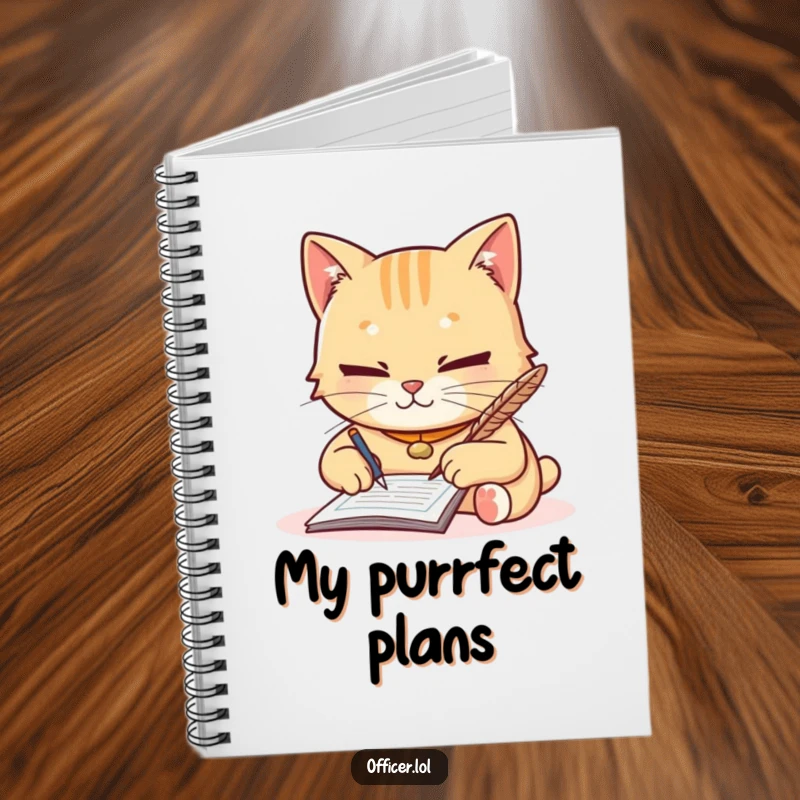 Funny notebook with a diligent cat writing a ticket with a quill, focused yet friendly, ideal for capturing thoughts.