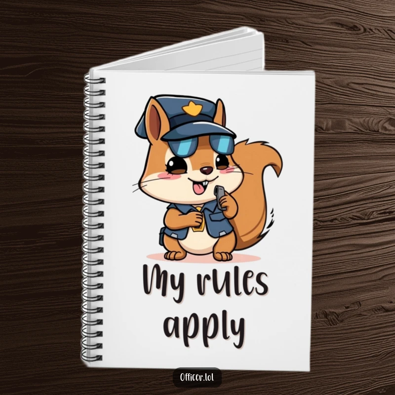 Funny squirrel officer notebook, design with a determined squirrel blowing a whistle, perfect for note-takers.