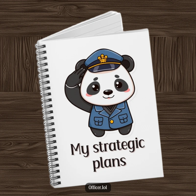 Funny notebook with a playful panda in uniform saluting with a proud smirk, perfect for organized notes and ideas.