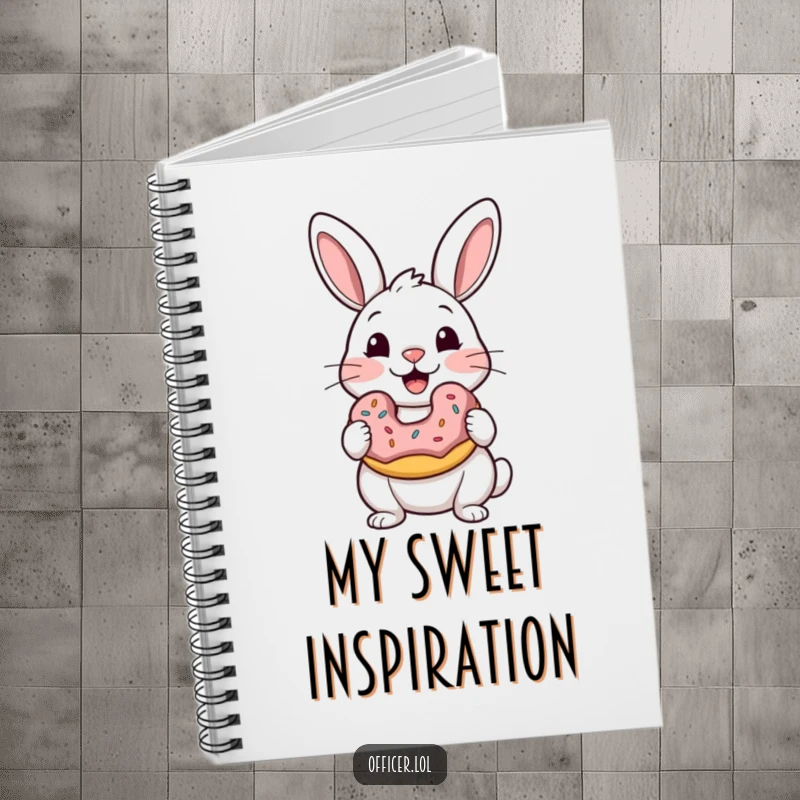 Funny notebook cover with a happy rabbit holding a donut, its eyes filled with delight, perfect for jotting down sweet thoughts.
