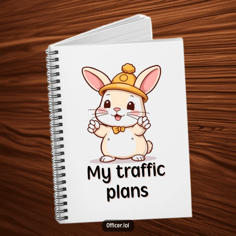 Funny notebook featuring a playful rabbit in a hat directing traffic with enthusiastic paws, ready to plan.