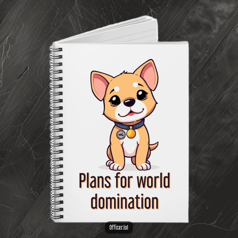 Funny puppy notebook, for jotting down ideas with a determined puppy wearing a tiny badge, proud stance.