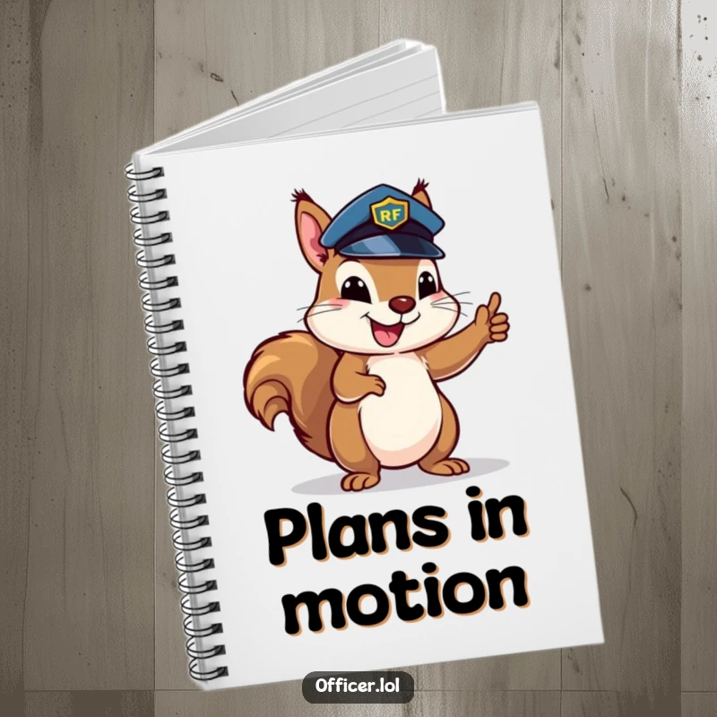 Happy squirrel wearing a police hat, enthusiastically directing traffic, a hilarious notebook for organized notes.