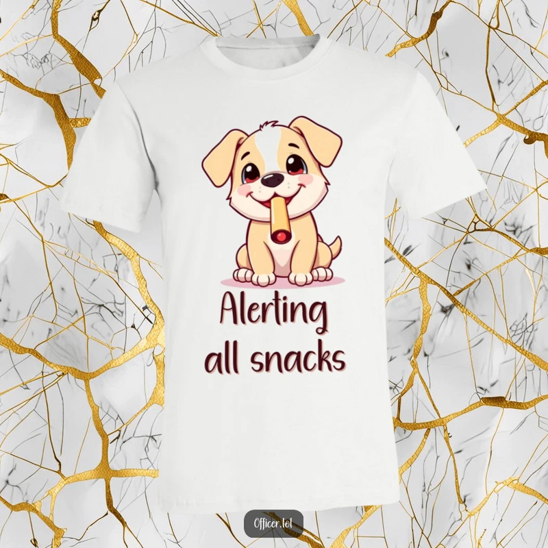 Funny t-shirt depicting a happy puppy blowing a whistle with an enormous, excited grin, capturing a moment of pure, infectious fun.