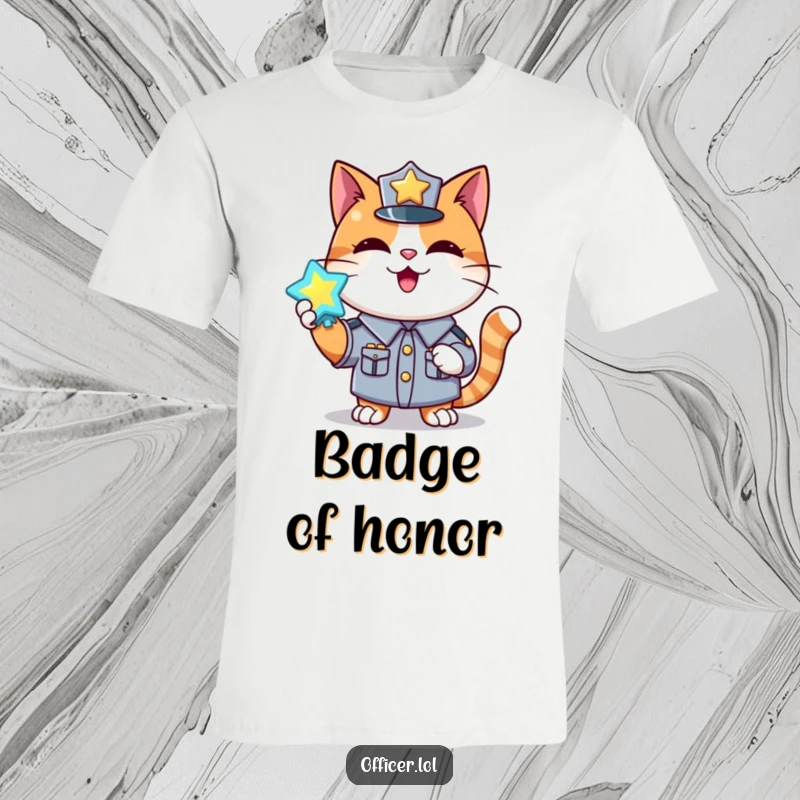 Funny t-shirt showcasing a happy cat in a uniform holding up a shiny, glowing badge with pride.