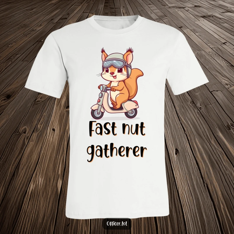 A determined squirrel in a helmet and goggles riding a small scooter, depicted on a t-shirt for adventure lovers.