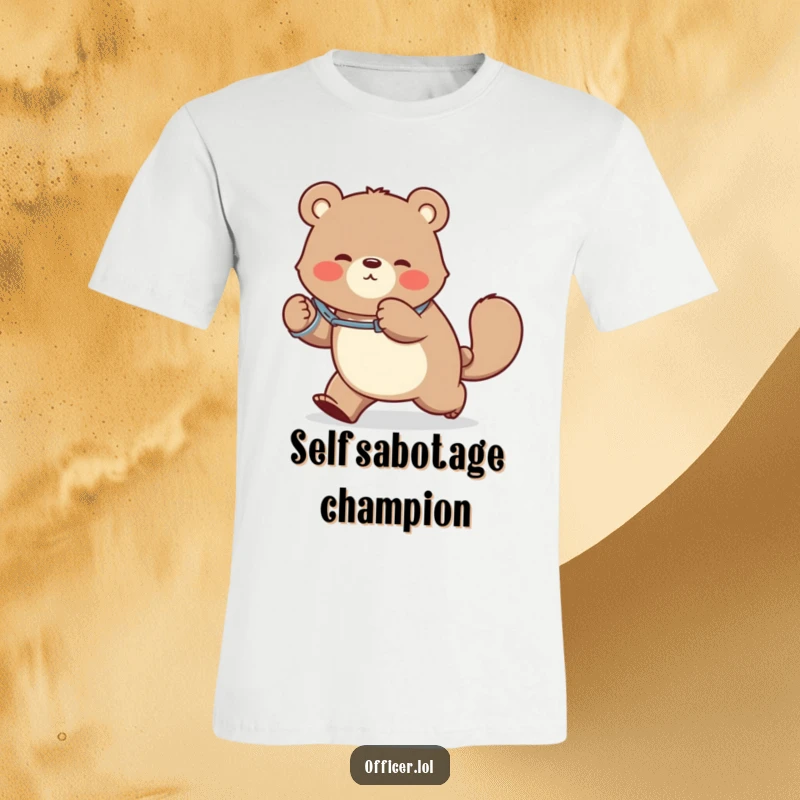 Funny t-shirt featuring a bear in handcuffs hilariously chasing its tail, a comical visual of playful chaos and self-amusement.