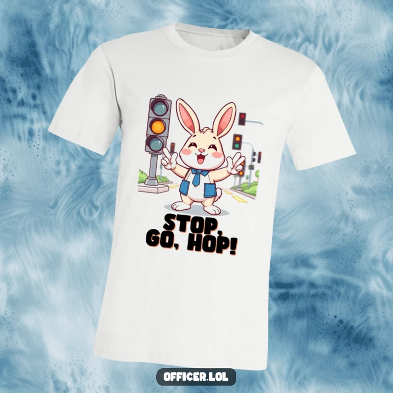 Funny bunny traffic director t-shirt featuring a cheerful cartoon rabbit enthusiastically gesturing to control traffic, with lights.