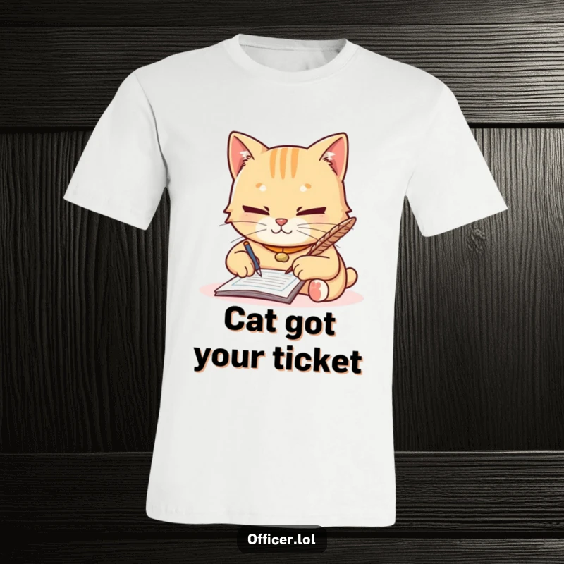 Funny t-shirt featuring a diligent cat writing a ticket with a quill, possessing a focused yet friendly expression, embodying polite authority.
