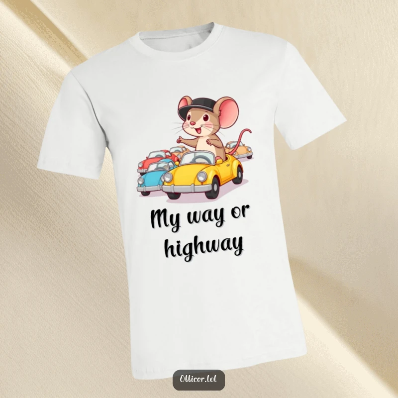 Funny t-shirt showcasing a determined mouse in a hat, enthusiastically directing several tiny cars with passion.
