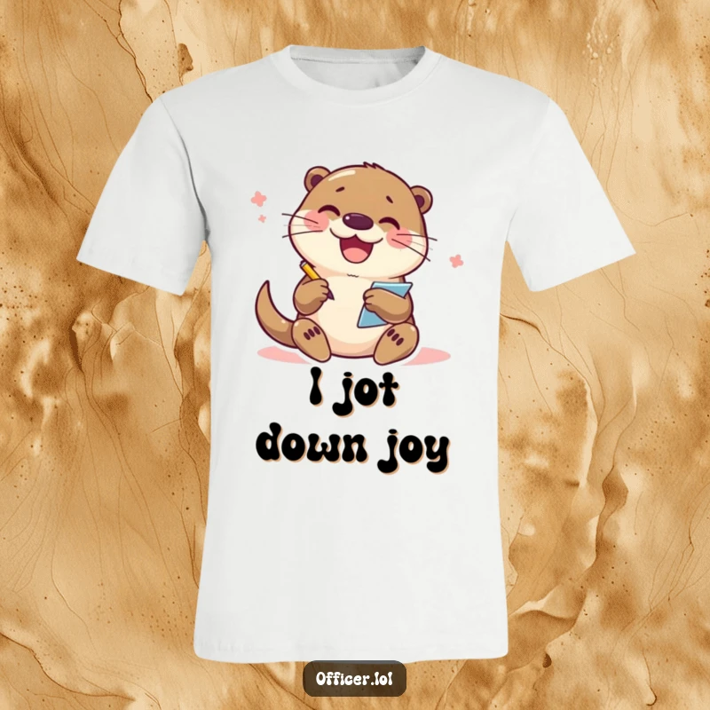Funny Otter T-Shirt: An energetic otter character is deeply focused on writing notes in a small notepad, looking exceptionally cheerful.