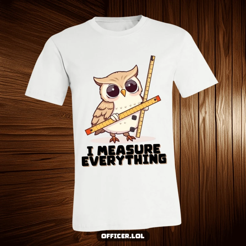 Funny Owl T-Shirt: A wise owl character uses a ruler to measure a hilariously lopsided tower, exuding thoughtful, humorous observation.