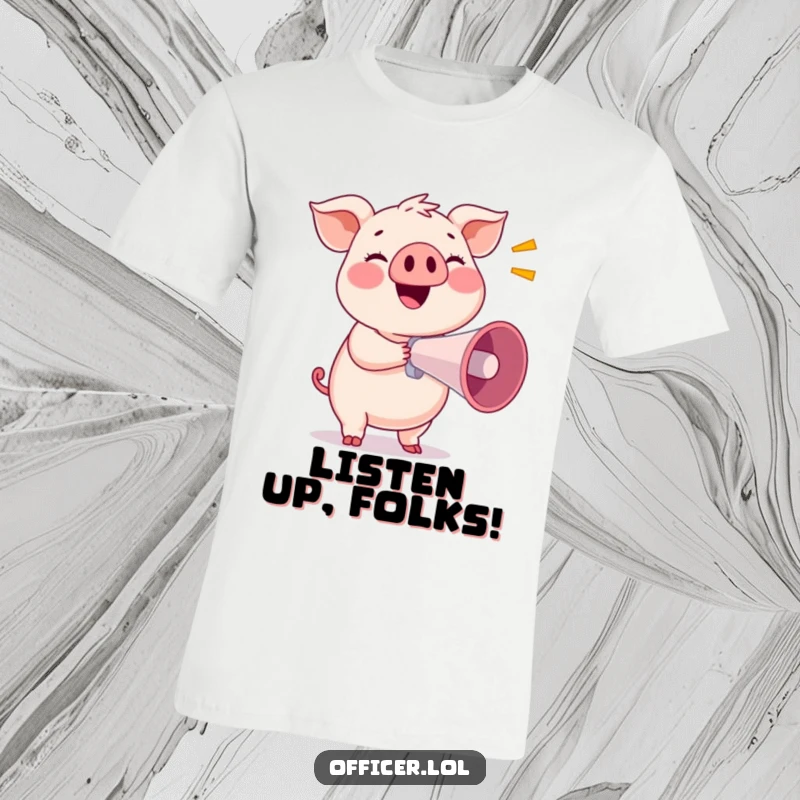 Funny t-shirt with a smiling pig holding a megaphone, enthusiastically making a loud, happy announcement.