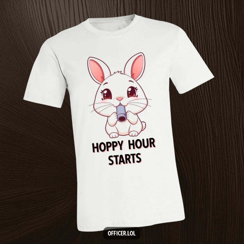 Funny rabbit t-shirt, happily blowing a small whistle with wide, joyful eyes, spreading cheer.