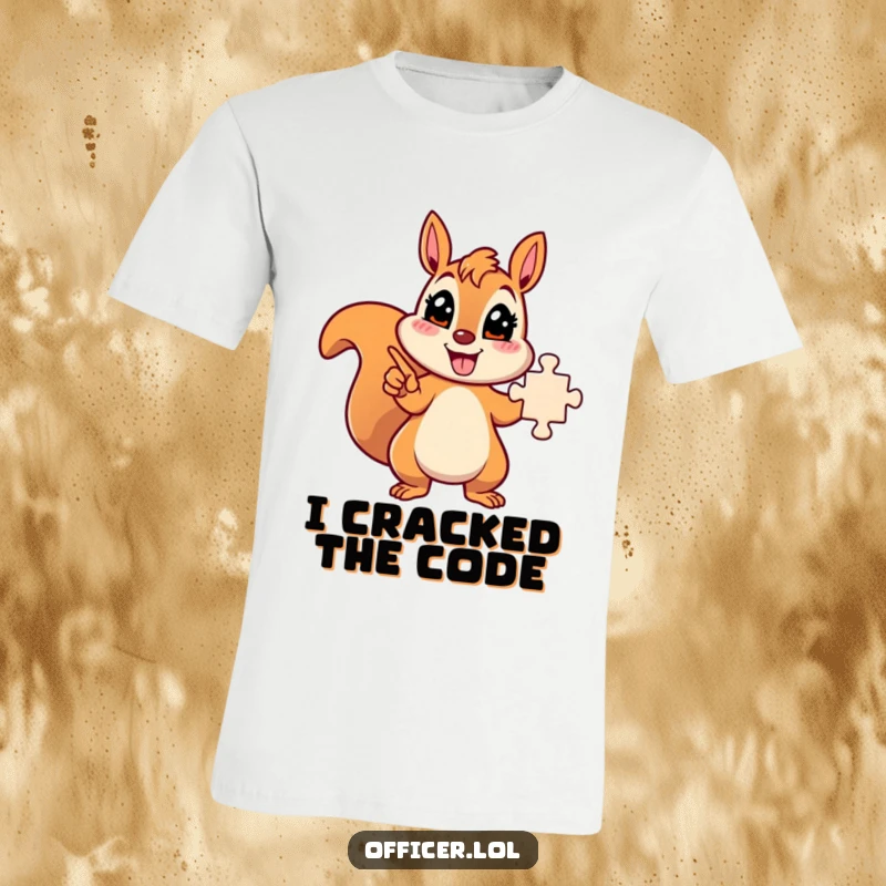 Funny energetic squirrel character pointing excitedly at a solved puzzle, smart and happy.